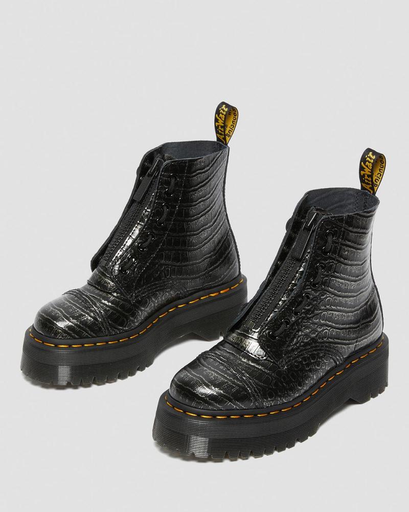 Black Women's Dr Martens Sinclair Croc Emboss Leather Platform Boots | CA 252XYU